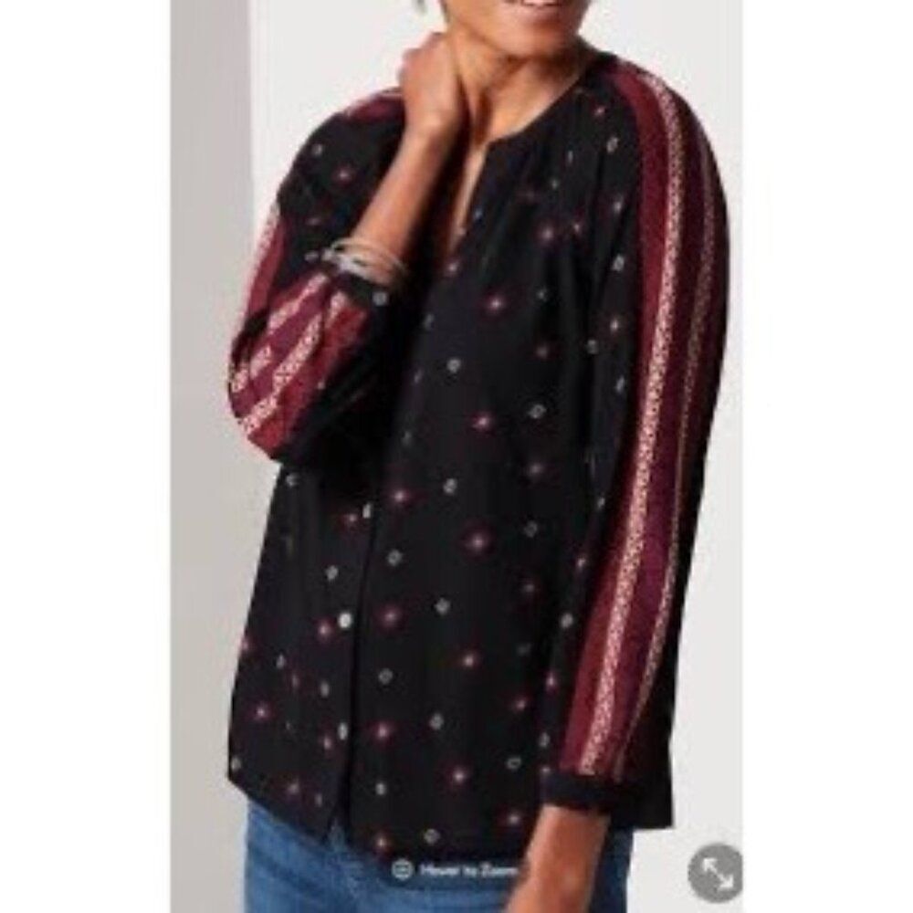 J.Jill Black Red Geo Print Long Sleeve Cotton Top Medium